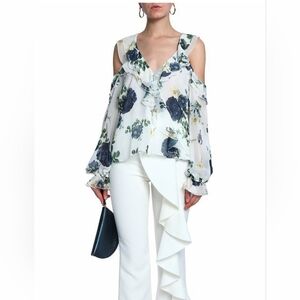 NICHOLAS Blue Rose Cold Shoulder Floral Silk Blouse NWT Size 4